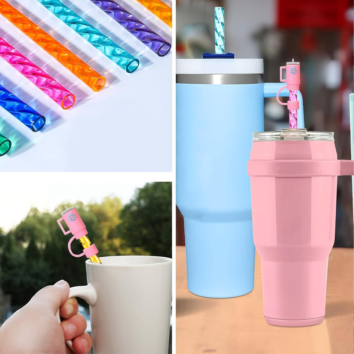 Reusable Spiral Straws Set of 6 with Caps and Cleaning Brush - Food Safe TPU Straws Compatible with 40oz 30oz 20oz Tumblers and Half Gallon Jugs - Eco-Friendly Drinking Straws
