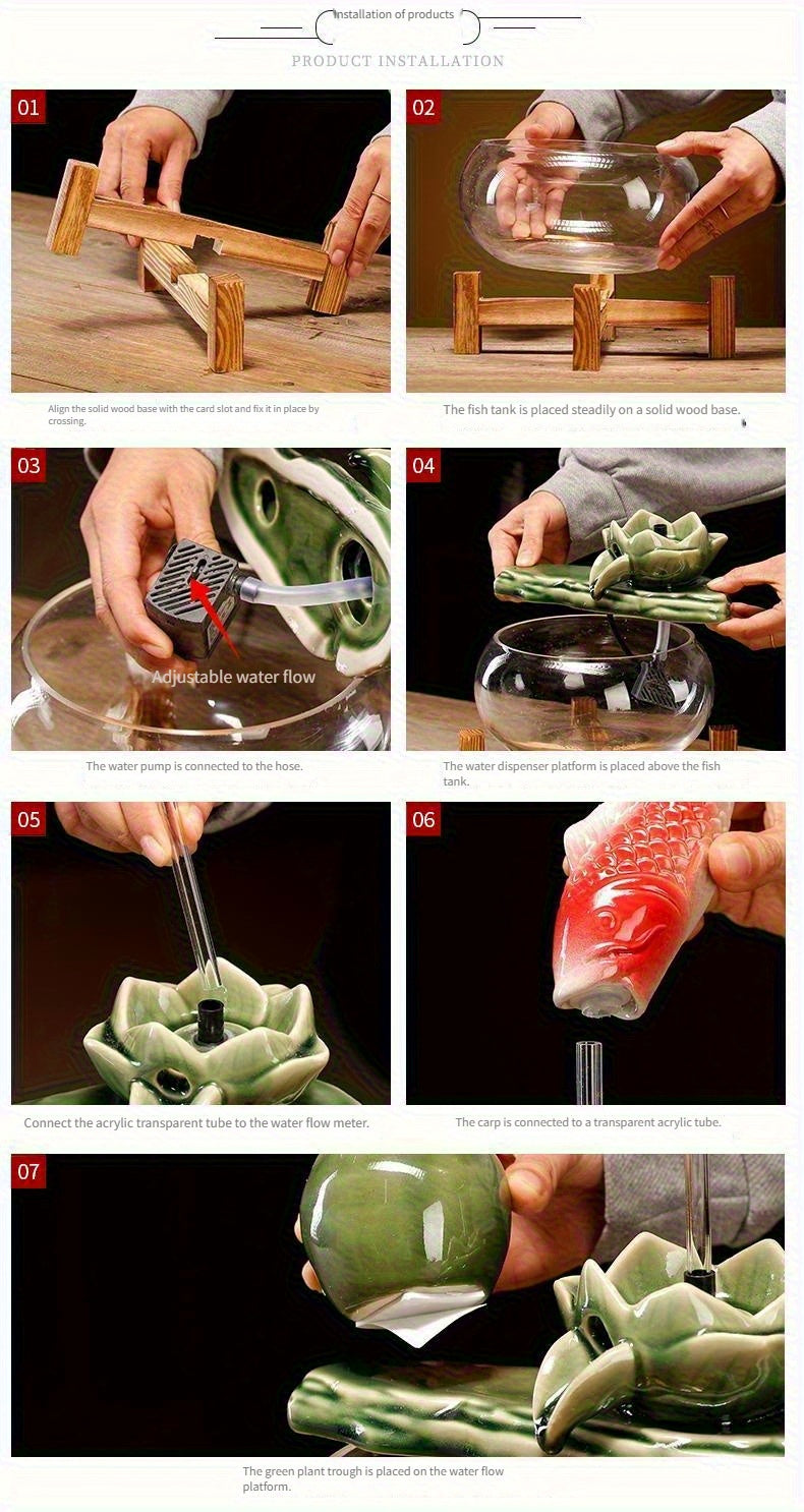 USB Powered Glass & Ceramic Fish Waterfall Desktop Fountain – Hanging Goldfish Design, Decorative Water Feature with Glass Fish & Plants for Living Room, Office & Zen Decor, Unique Gift