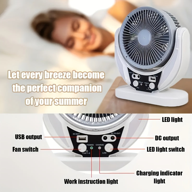 Portable Solar-Powered LED Camping Fan with USB Charging – Foldable 3-in-1 Fan, Light & USB Charger for Outdoor Adventures, Camping & Desktop Use