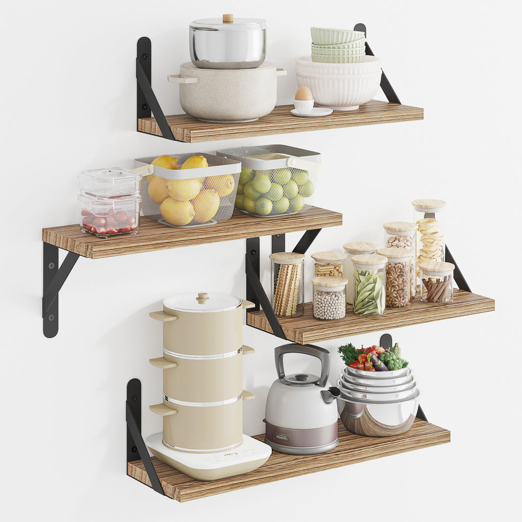 Mixed Size Farmhouse Floating Wall Shelves Set of 4 - Natural Wood Wall Mounted Shelf with Triangle Metal Brackets for Bedroom, Bathroom, Living Room & Kitchen Storage Decor