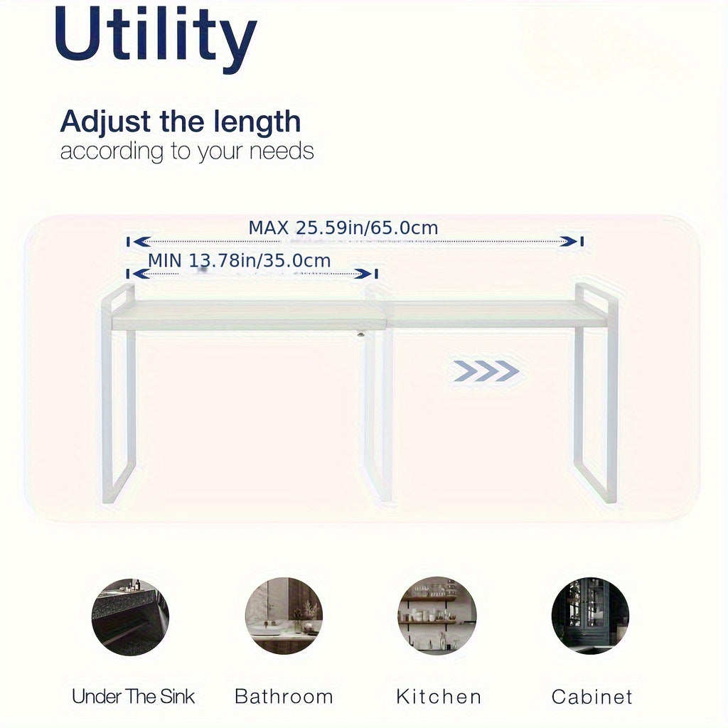 Expandable Cabinet Shelf Organizer Riser – Adjustable Height Kitchen Storage Rack for Pantry, Cupboard, Under Sink & Countertop | Heavy Duty Metal | Space Saver Stackable Shelf | Black & White
