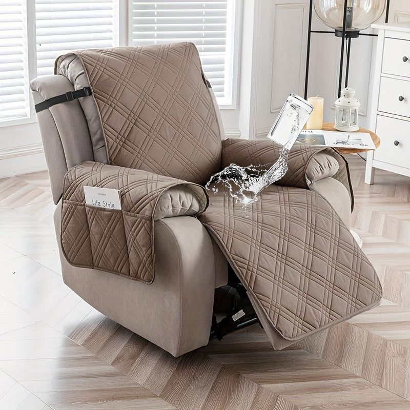 Quilted Recliner Chair Cover with Pocket Non-Slip Hook Loop Closure - 100% Polyester Washable Reclining Chair Slipcover Furniture Protector for Pets Dogs Cats, Easy Install, 9 Colors