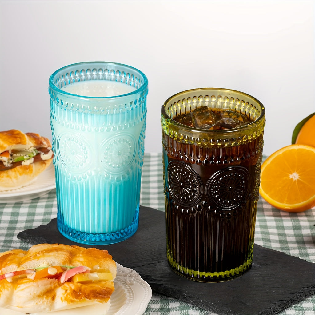 Retro Colored Whiskey Glasses Set of 6 – 14oz Embossed Colorful Tumblers for Whiskey, Cocktails, Juice, Water & Beer – Vintage Muted Glass Drinkware