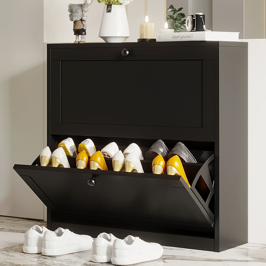 Flip Drawer Shoe Organizer Rack with 2 or 3 Drawers – Space-Saving Shoe Storage Cabinet for Entryway Hallway Bedroom, 3 Colors White Black Rustic Brown
