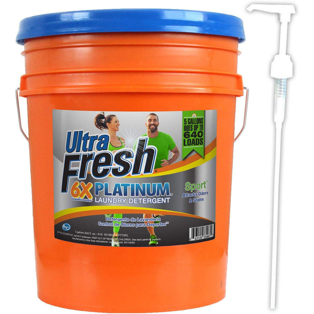 Ultra Fresh 6X Concentrated Liquid Laundry Detergent 5 Gallon with Pump, Up to 640 Loads HE Compatible All Machine Types, No Phosphates No Bleach, 4 Scent Options