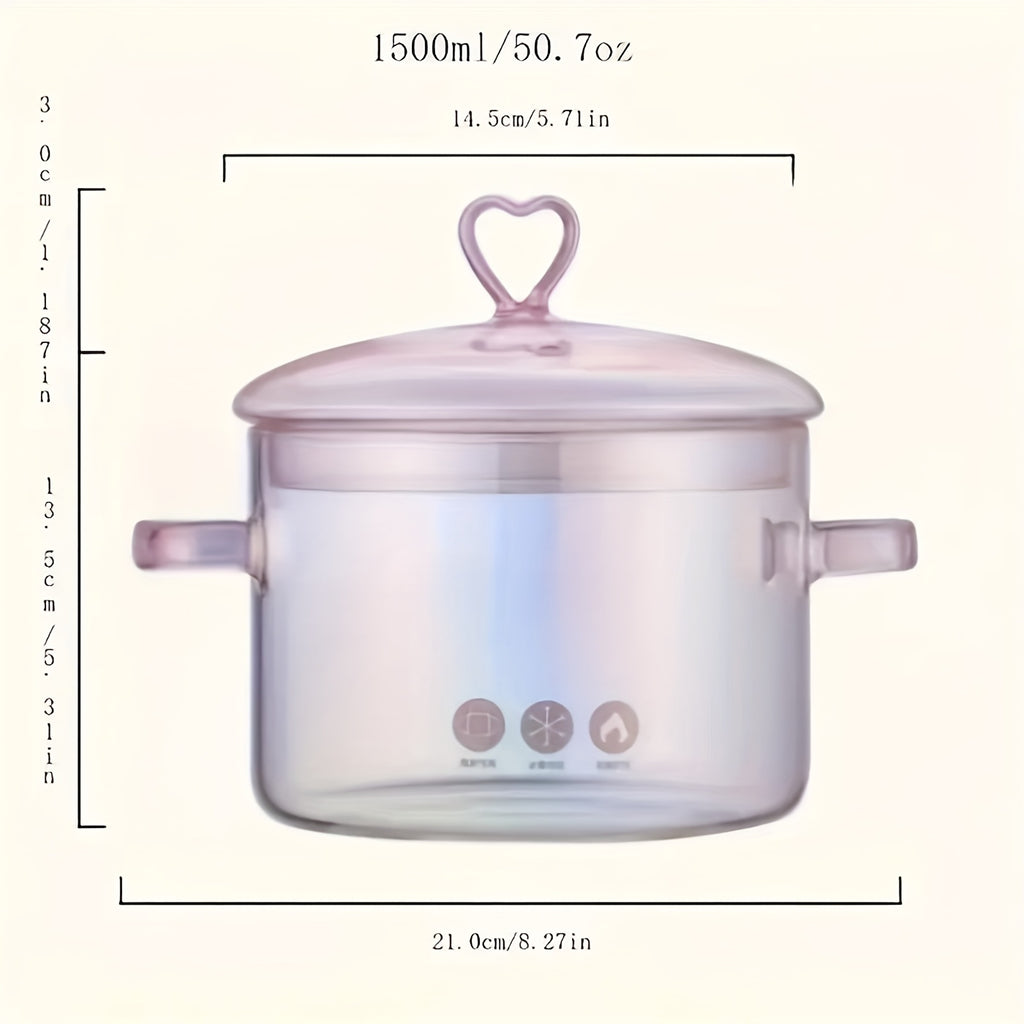 Heart-Shaped Borosilicate Glass Cooking Pot – 50oz Non-Stick Stew Pot with Lid, Heat-Resistant, Dishwasher Safe, Pink Love Design