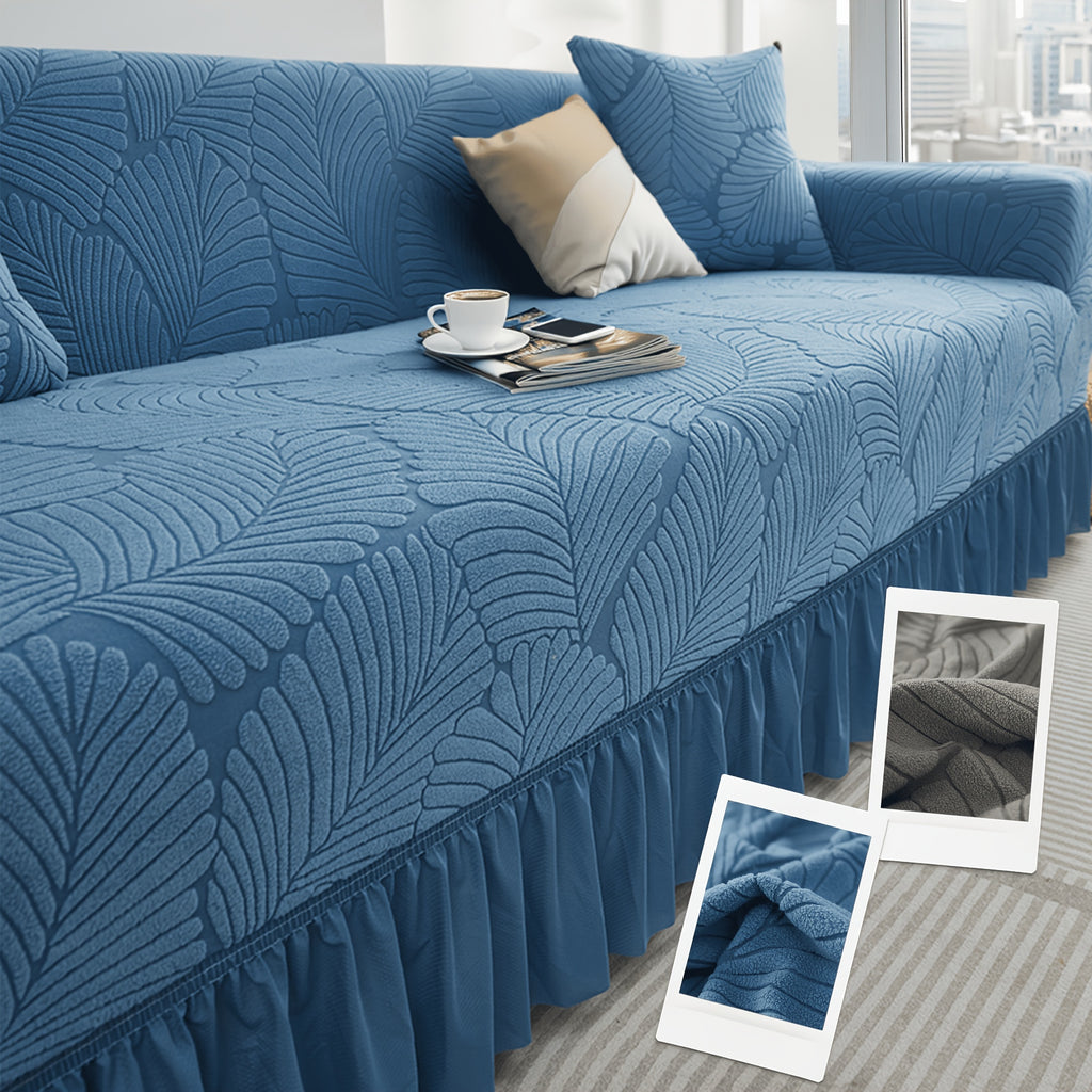 Luxury Skirted Sofa Cover Full Coverage Stretch Velvet Slipcover – Anti-Slip Pet-Friendly Couch Protector for 1/2/3/4-Seater, Soft Warm Furniture Cover in Navy Blue & Charcoal Gray for Winter Christmas Home Decor