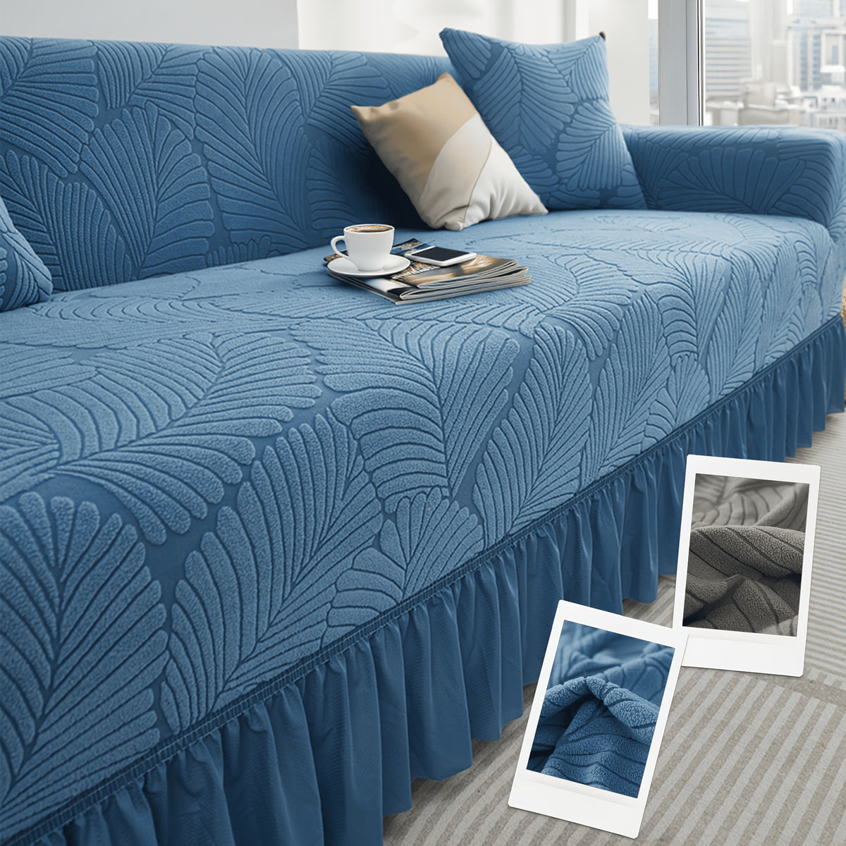 Luxury Skirted Sofa Cover Full Coverage Stretch Velvet Slipcover – Anti-Slip Pet-Friendly Couch Protector for 1/2/3/4-Seater, Soft Warm Furniture Cover in Navy Blue & Charcoal Gray for Winter Christmas Home Decor