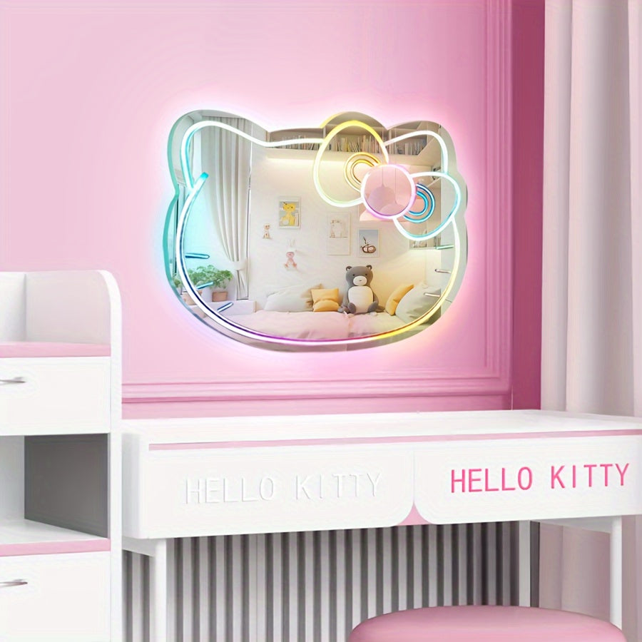 Dream Color Neon Mirror Sign LED Acrylic Cute Cat Wall Light – USB Powered Remote-Controlled Kawaii Bedroom Decor Neon Sign for Girls Room & Living Room