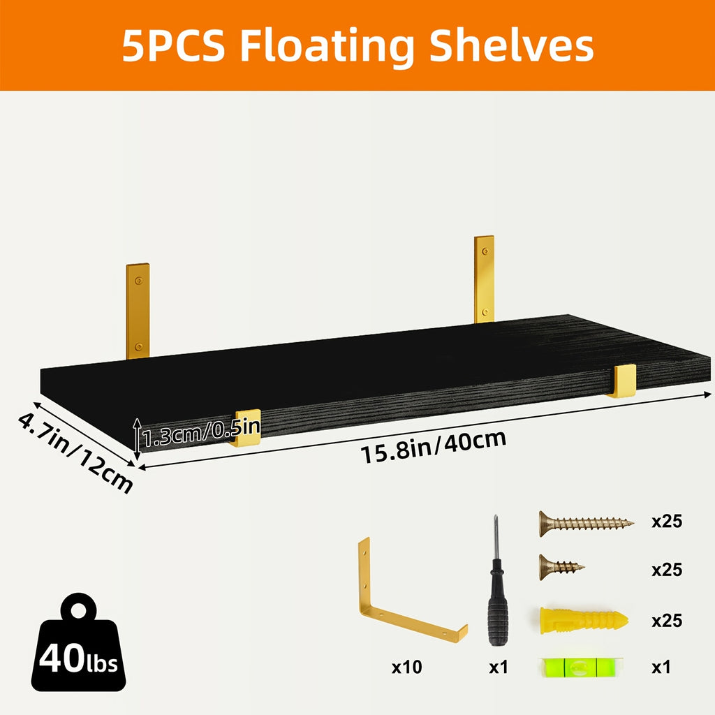 Rustic Floating Shelves Set of 5 Wood Wall Shelves 15.8x4.7 Inch for Bedroom Living Room Kitchen Bathroom Office Plant Display Home Decor Dark Brown Light Brown Black Gold