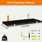 Rustic Floating Shelves Set of 5 Wood Wall Shelves 15.8x4.7 Inch for Bedroom Living Room Kitchen Bathroom Office Plant Display Home Decor Dark Brown Light Brown Black Gold