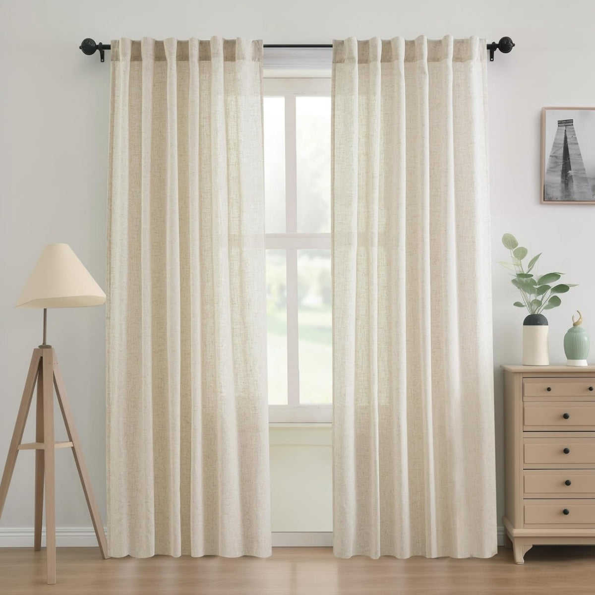 Linen Semi-Sheer Curtains 2 Panels Real Flax Light Filtering Drapes - Boho Farmhouse Window Curtains for Living Room Bedroom, 10 Colors Multiple Lengths Privacy Window Treatment