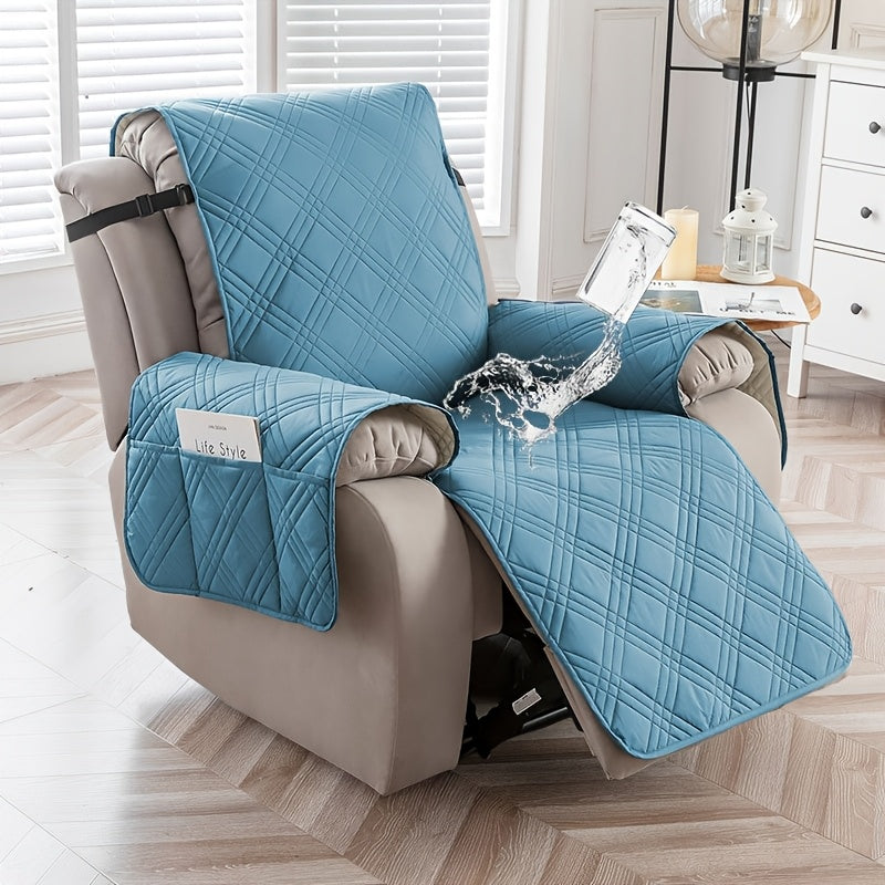 Quilted Recliner Chair Cover with Pocket Non-Slip Hook Loop Closure - 100% Polyester Washable Reclining Chair Slipcover Furniture Protector for Pets Dogs Cats, Easy Install, 9 Colors