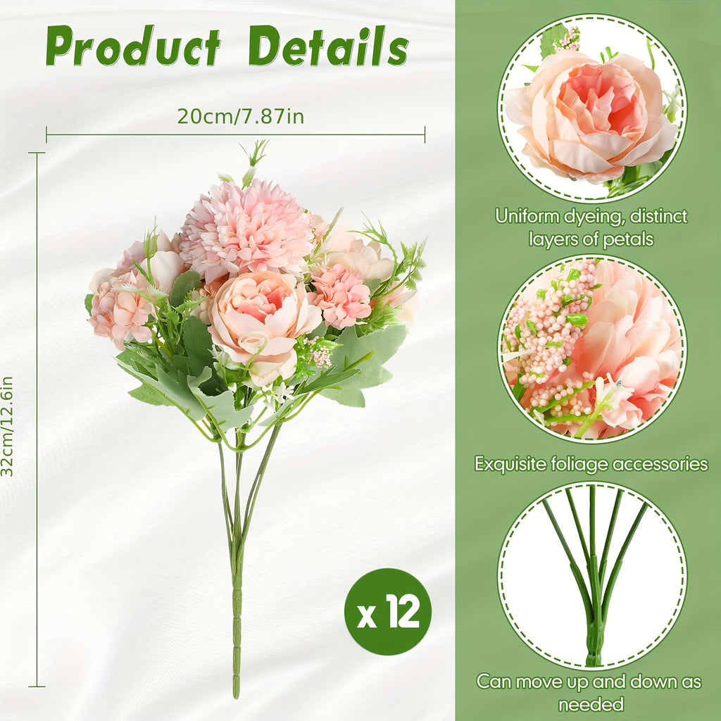 Artificial Peony Flowers 12 Bundles – Faux Peony & Hydrangea Bouquet for Wedding Table Centerpiece, Floral Vase Decor, Home & Party Flower Arrangements