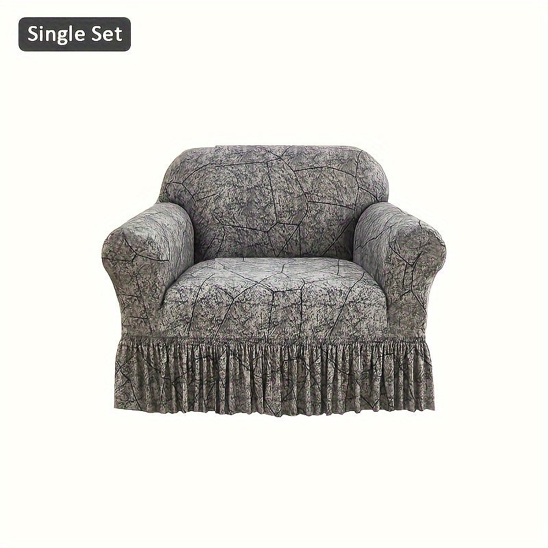 Printed Elastic Skirt Sofa Cover Slipcover with Bottom Skirt | Stretch Fitted Couch Protector for Living Room, Single 2-Seater 3-Seater 4-Seater