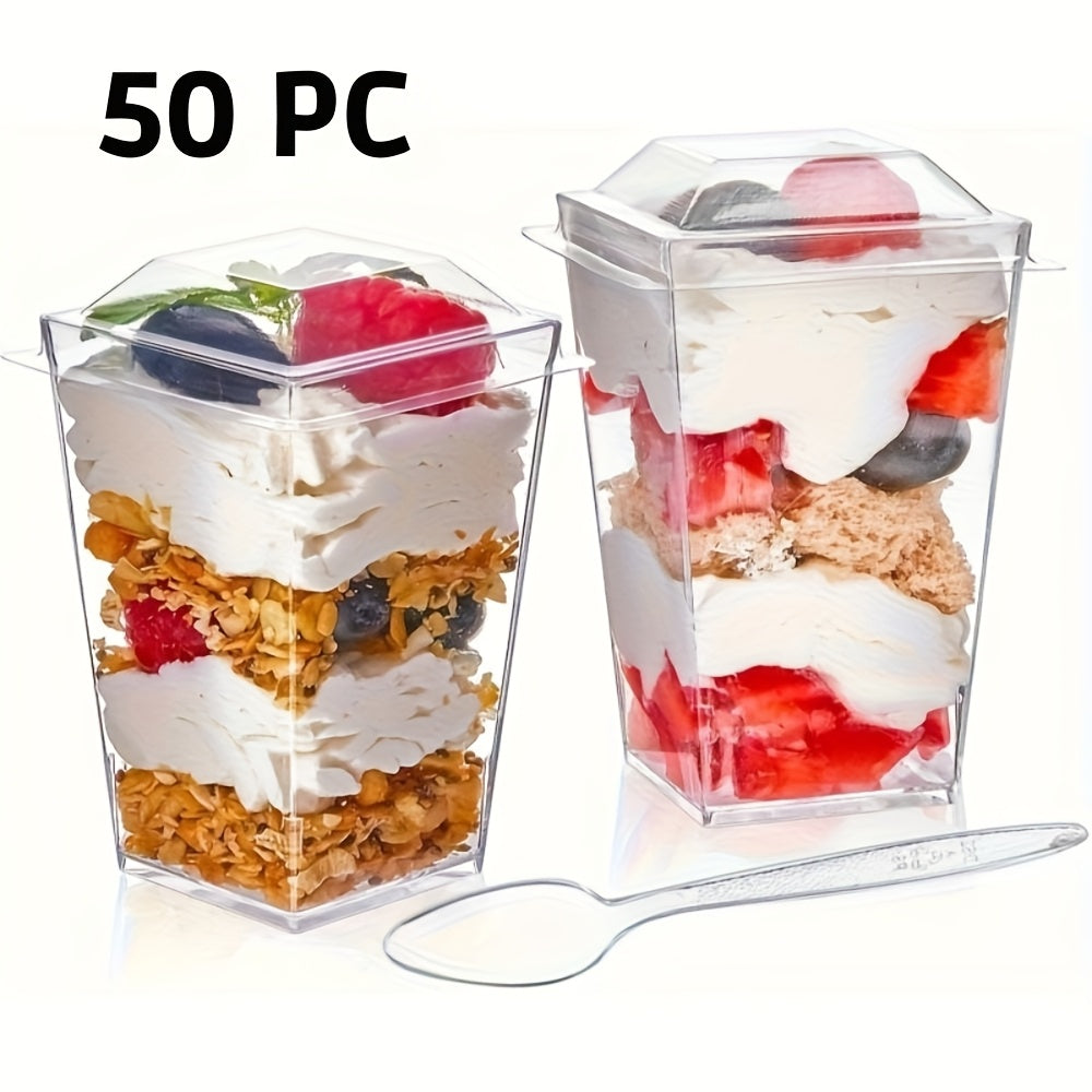 Clear Plastic Mini Dessert Cups with Lids & Spoons 50 or 100 Count – 5oz Tasting Containers for Cheesecake, Fruit Salads, Holiday Parties & Picnics