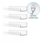 Clear Acrylic Floating Shelves Set of 4 with Hooks – Wall Mounted Display Shelf Organizer for Bathroom, Bedroom, Living Room & Kitchen | Transparent Storage Shelf for Room Decor