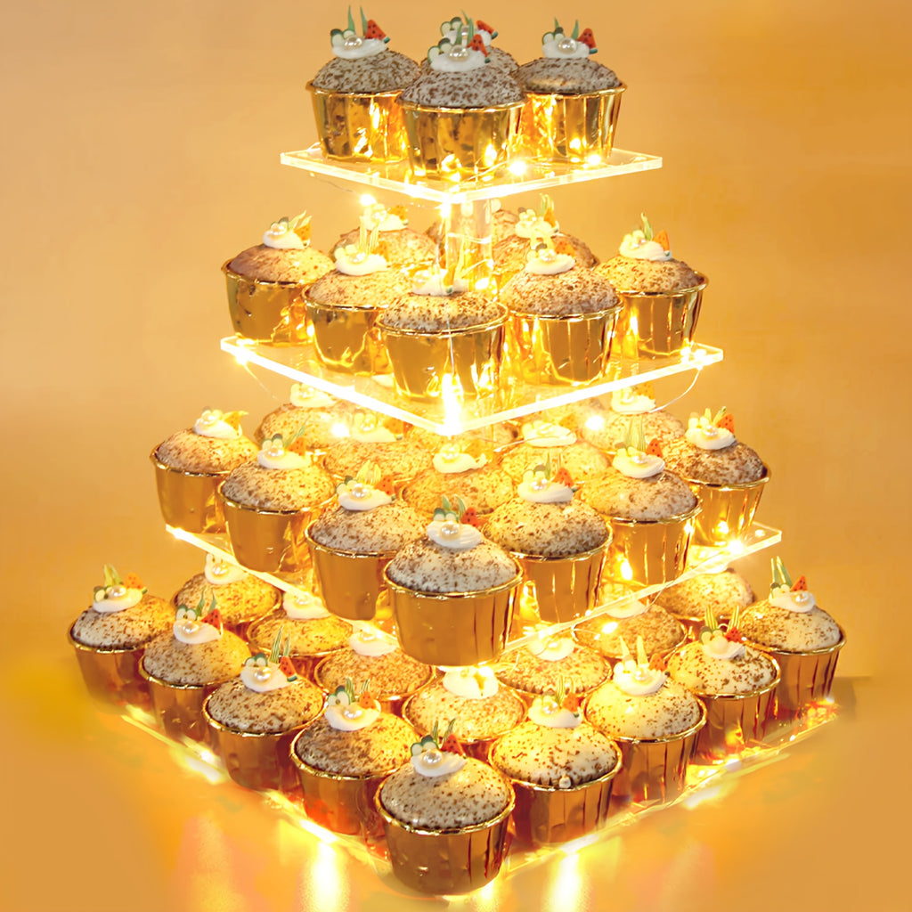 4-Tier Square Acrylic Cupcake Stand with LED Light Strip Holds 52 Cupcakes Dessert Display Tower for Weddings Birthdays Christmas Parties Graduations