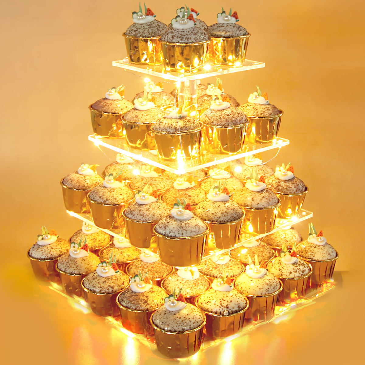 4-Tier Square Acrylic Cupcake Stand with LED Light Strip Holds 52 Cupcakes Dessert Display Tower for Weddings Birthdays Christmas Parties Graduations