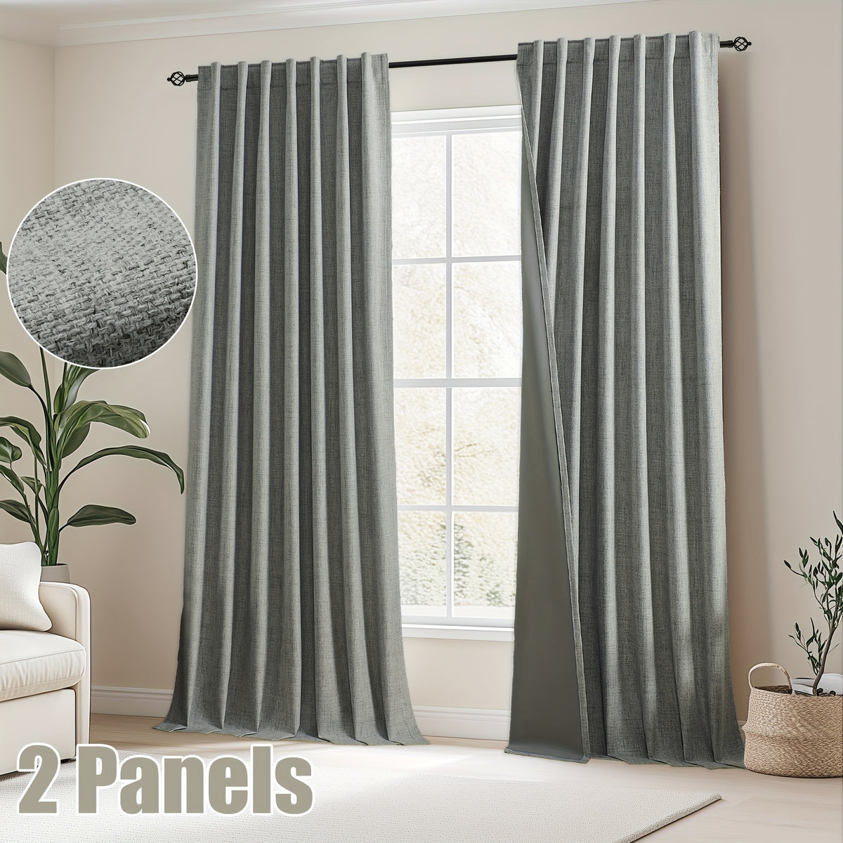 Faux Linen Blackout Curtains 2 Panels for Bedroom & Living Room – 100% Blackout, Back Tab & Rod Pocket, Thermal Insulated Farmhouse Drapes