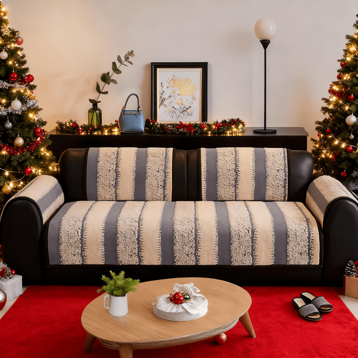Plush Couch Cover Non-Slip Washable Sofa Cushion Pad for 2/3/4 Seat Sectional L-Shape Couch | Pet & Kid Friendly Furniture Protector Slipcover, Black Gray Brown