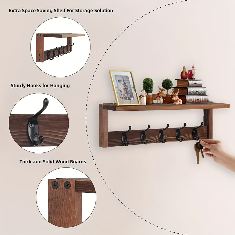 Wall Mounted Coat Rack with Shelf & Hooks – Heavy Duty Industrial Metal Entryway Organizer, Rustproof Multi-Hook Storage for Hallway Mudroom Porch, No Assembly
