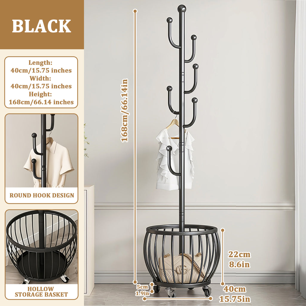 Rotating Coat Rack with Storage Basket and 6 Hooks 4 Wheels Freestanding Entryway Organizer for Coats Hats Bags