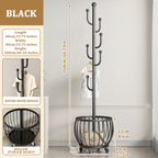 Rotating Coat Rack with Storage Basket and 6 Hooks 4 Wheels Freestanding Entryway Organizer for Coats Hats Bags