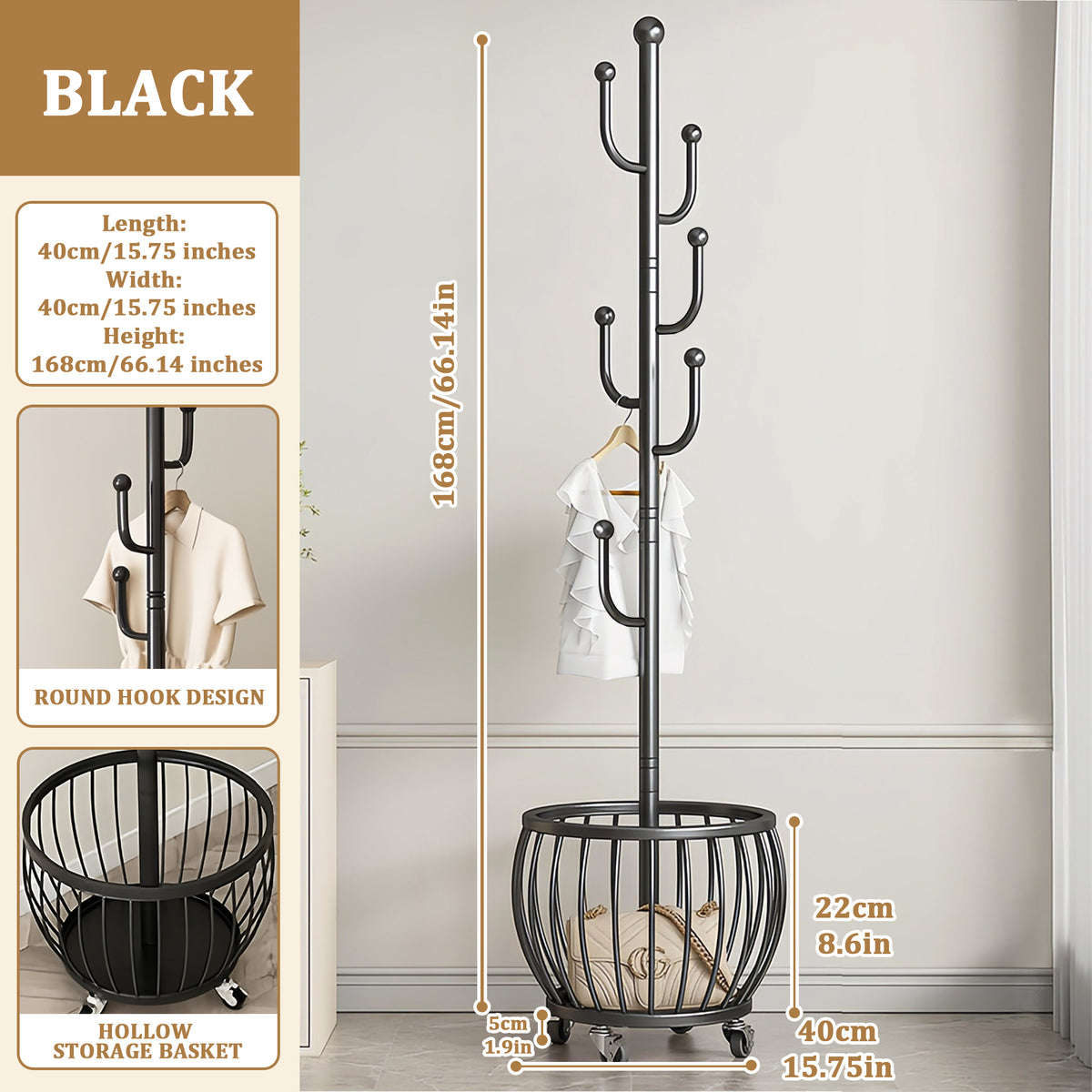 Rotating Coat Rack with Storage Basket and 6 Hooks 4 Wheels Freestanding Entryway Organizer for Coats Hats Bags