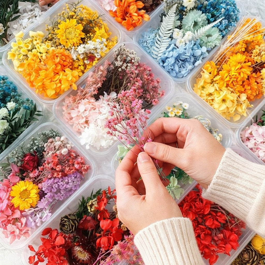 Dried Flower Set Assorted 4 Boxes – Mixed Variety Dried Botanicals for Home Decor, Gift Wrapping, Scrapbooking & Floral Arrangement Decoration Supplies