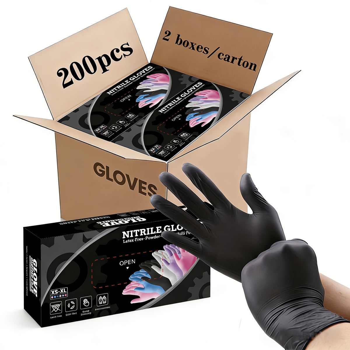 4.5Mil Black Disposable Nitrile Gloves 200-Count – Powder-Free, Latex-Free, Textured Fingertips for Mechanics, Cleaning, Cooking, Beauty & Car Washing | S, M, L, XL
