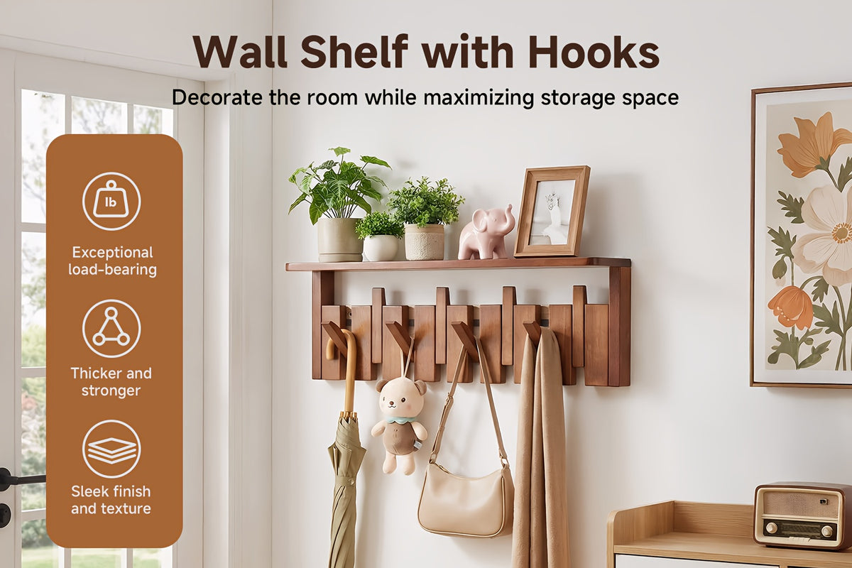 Wall Mounted Coat Rack Foldable Hooks Solid Rubberwood 6 or 8 Hooks 22 lbs Capacity Floating Shelf Dual Installation Drilling or Adhesive for Entryway Bedroom Bathroom Living Room
