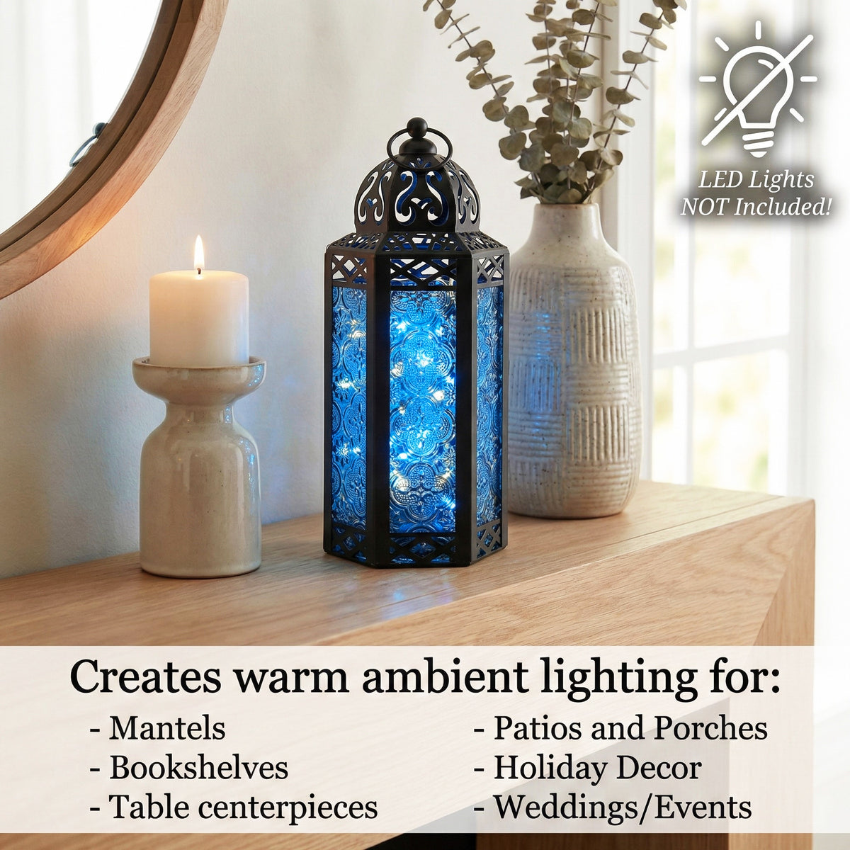 Moroccan Candle Lantern Holder Medium 10.5 Inch – Handcrafted Glass Iron Metal Lantern with Embossed Floral Panels, 17 Colors, Indoor Outdoor Use for Ramadan, Wedding, Patio, Diwali & Home Decor