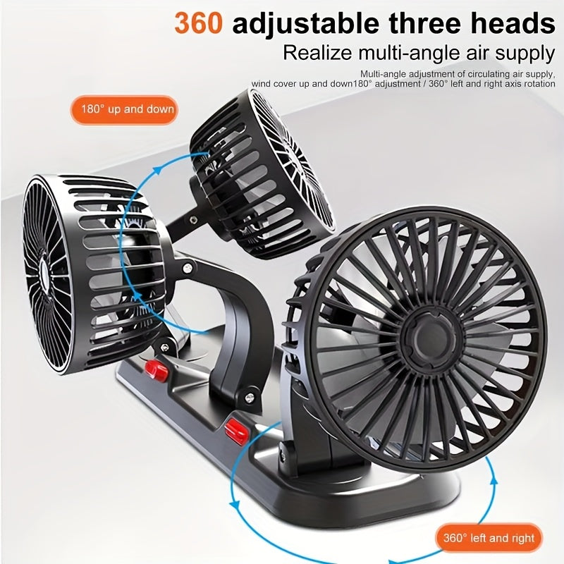 Three-Head USB Desk Fan – 360° Rotating, Digital Display, 3 Speed Quiet Fan | Plug & Play for Car, Office, Home & Outdoor | Black