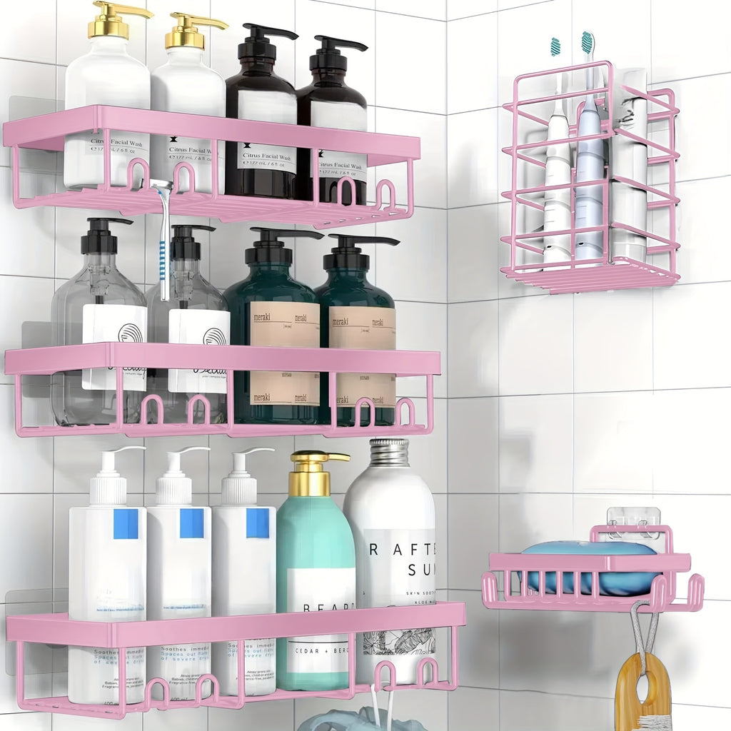 Shower Caddy 5 Pack Self-Adhesive Stainless Steel Shower Organizer Shelf - No Drilling Wall Mounted Bathroom Storage Rack, Large Capacity Rustproof Shower Basket - 10 Color Options