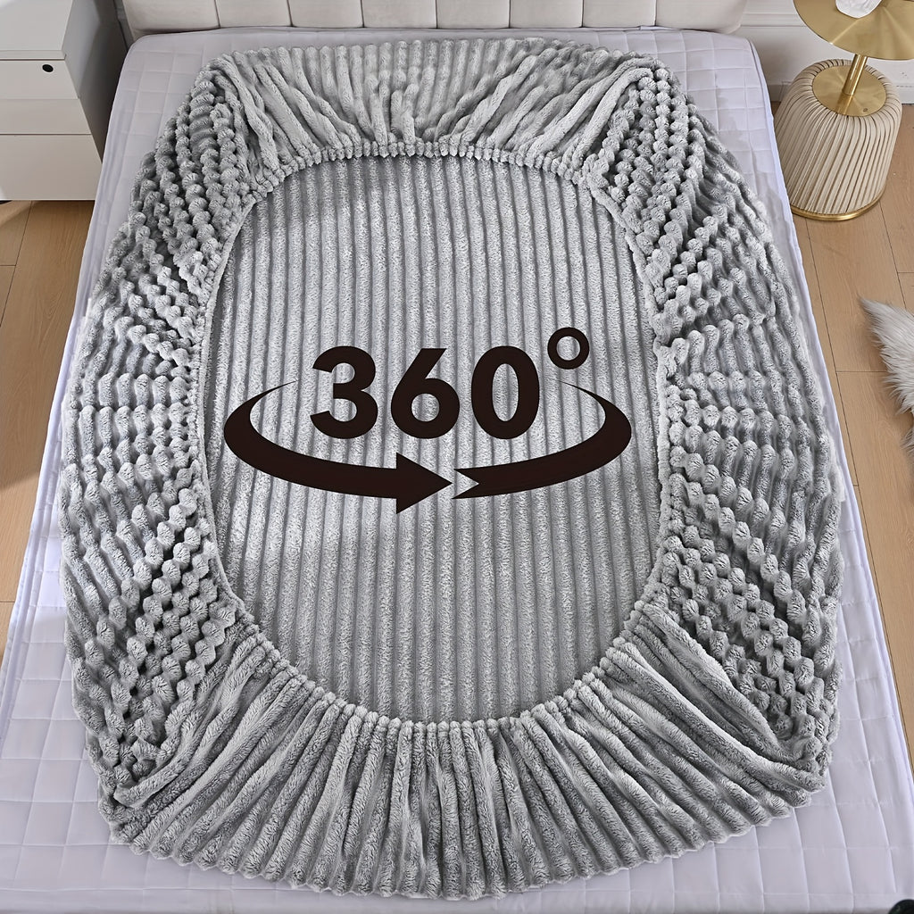 Fuzzy Fleece Fitted Sheet Plush Warm Winter Bedding Stripe Rabbit Fur Soft Thickened Bed Cover Machine Washable Twin Queen King Dark Gray Beige Space Gray