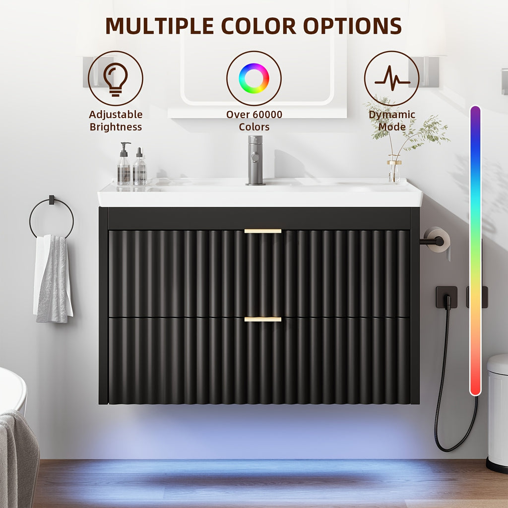Floating Bathroom Vanity with Sink 24 Inch LED Light Wall Mounted 3-Hole Ceramic Basin Wave Line Design Soft Close Drawers for Small Spaces Black White