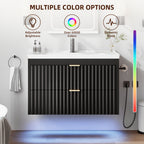Floating Bathroom Vanity with Sink 24 Inch LED Light Wall Mounted 3-Hole Ceramic Basin Wave Line Design Soft Close Drawers for Small Spaces Black White