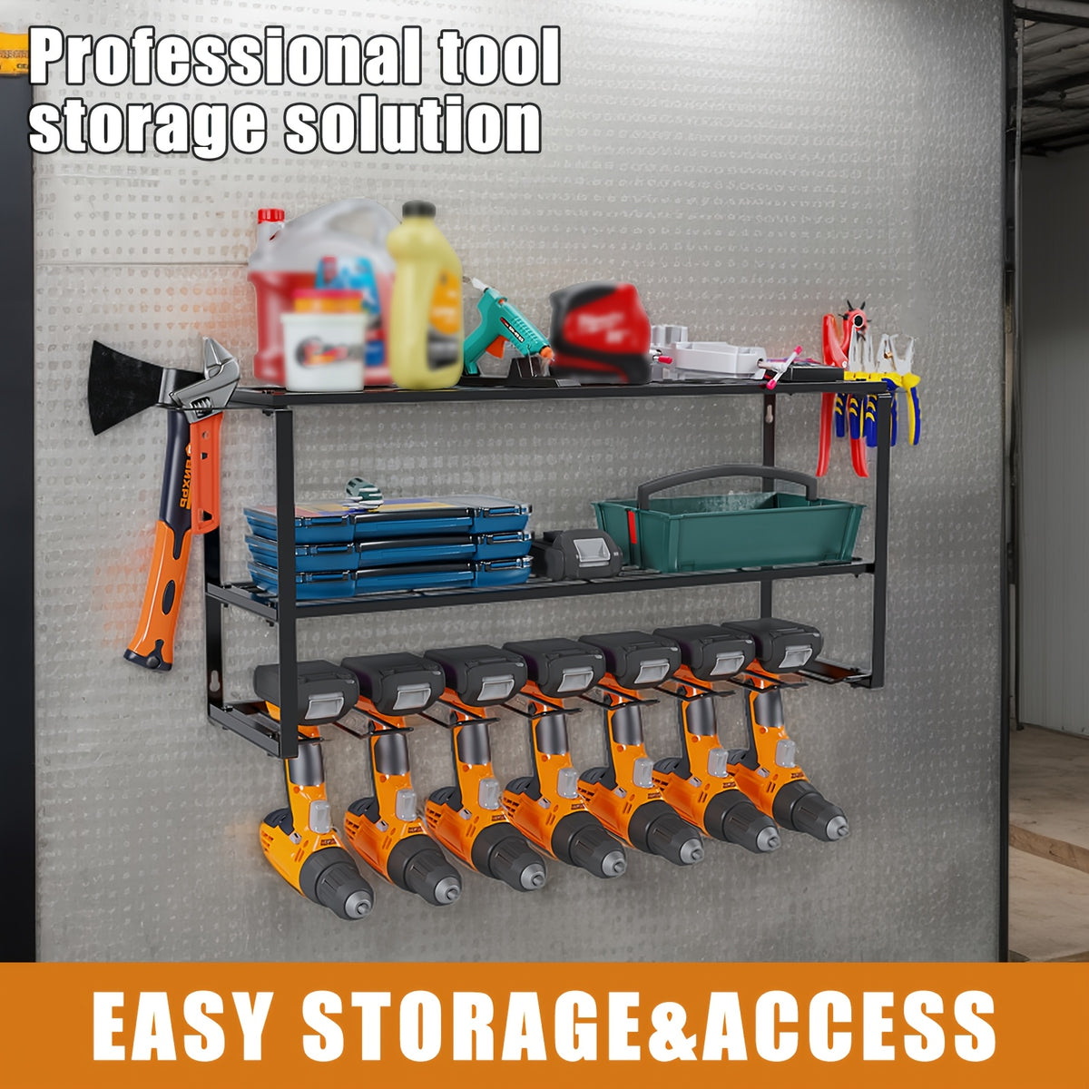 Power Tool Storage Rack Wall Mount – 150 lb Heavy-Duty 3-Tier Steel Organizer with 7 Bit Holders for Garage Workshop Shed Basement