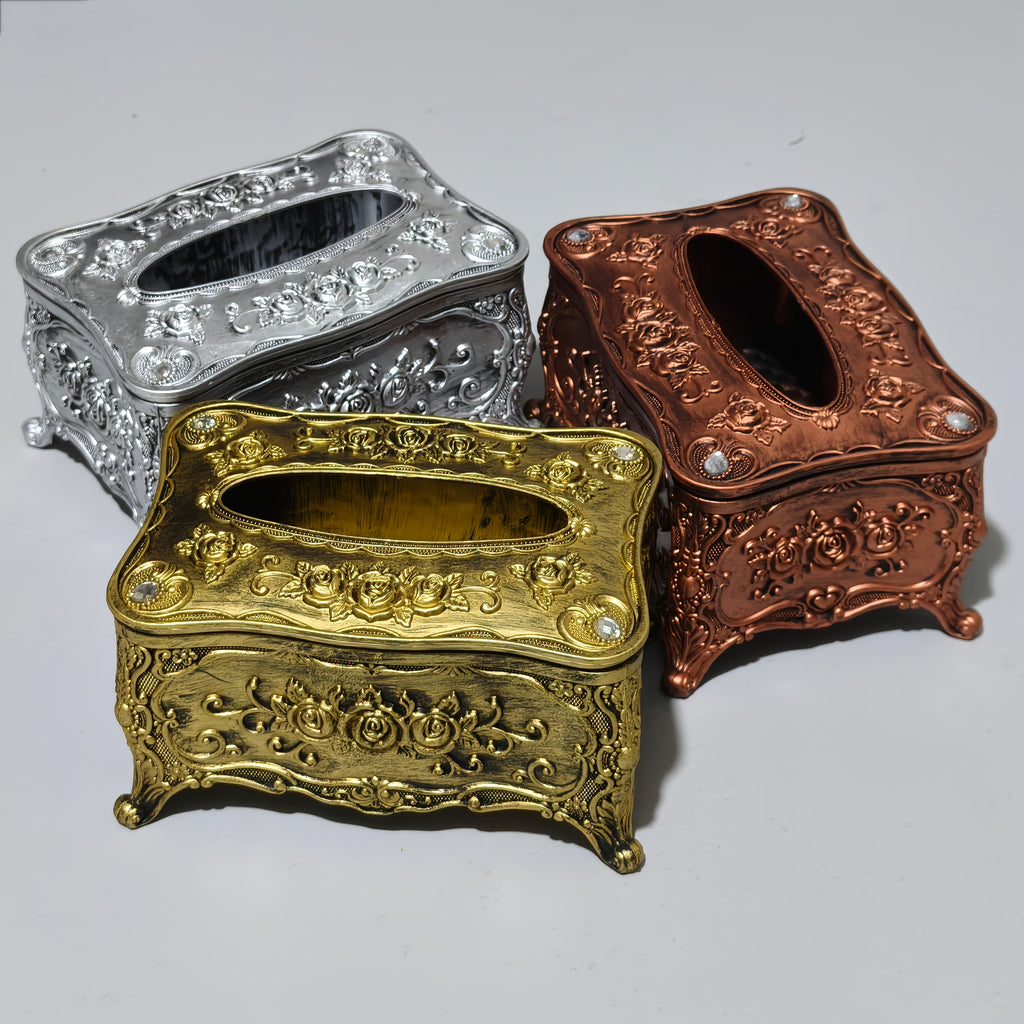 European Retro Luxury Tissue Box Cover | Decorative Antique-Style Facial Tissue Holder for Living Room, Bathroom & Restaurant | Antique Gold, Silver or Vintage Red