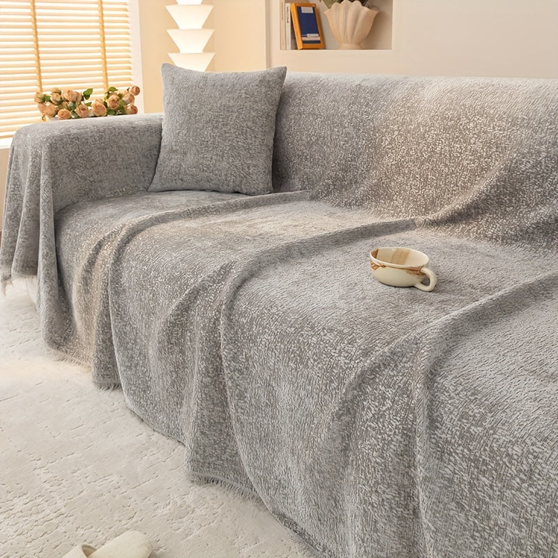 Soft Chenille Sofa Throw Cover with Fringes Durable Pet-Friendly Solid Couch Protector Slipcover for Living Room Sectional Armchair Home Decoration