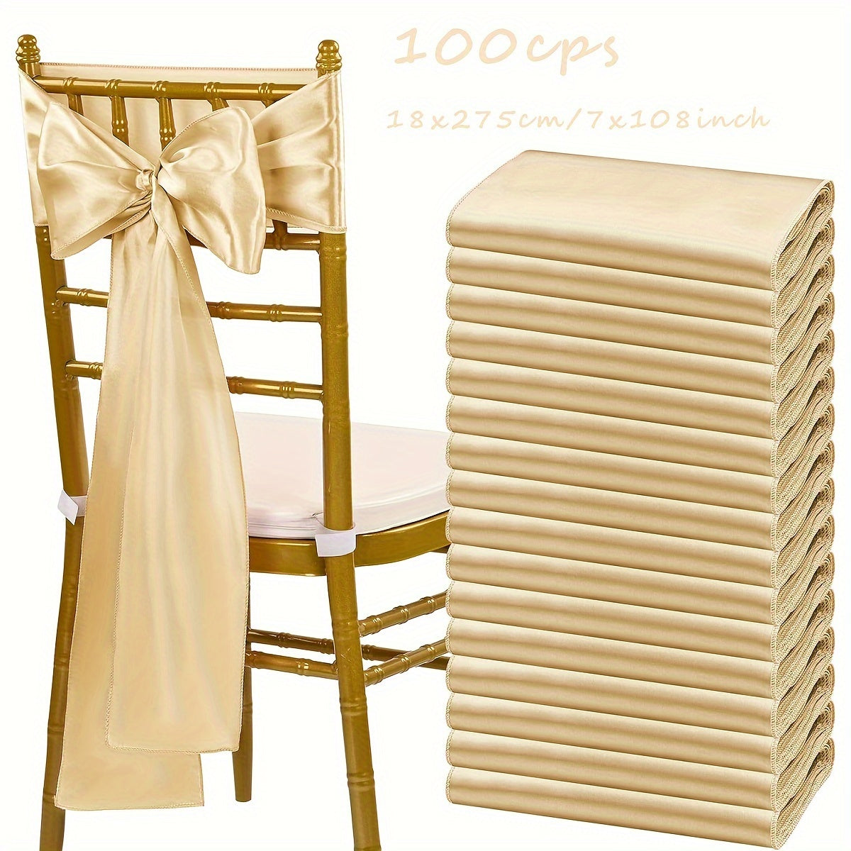 Satin Chair Bow Ribbons 100-Pack – 7×108 Inch Universal Streamer for Wedding Reception Banquet Party Hotel Christmas Decor, 15 Colors
