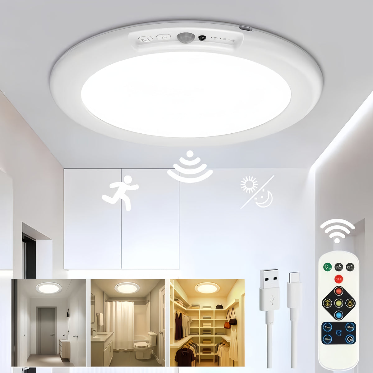 Rechargeable LED Ceiling Lamp with Motion Sensor – 3 Color Modes, 10 Brightness Levels, Remote Control & Timer – Battery-Powered Semi Flush Mount for Living Room, Kitchen & Bathroom