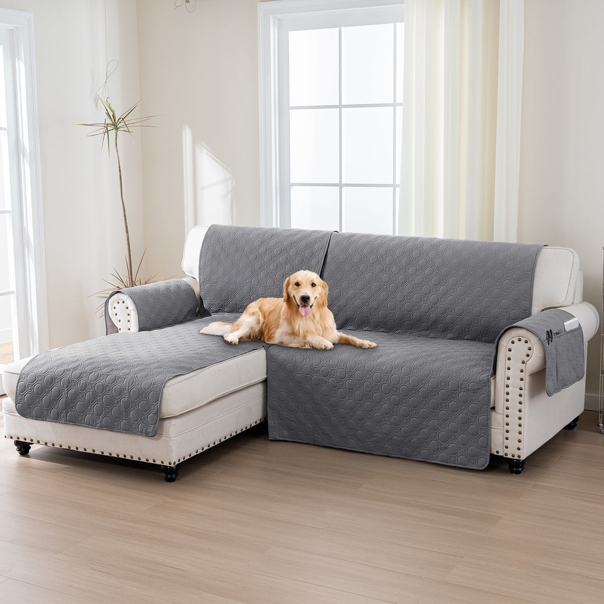 L-Shaped Sectional Sofa Cover 100% Liquid-Resistant Couch Slipcover with Non-Slip Straps for Dogs Cats Pets Left Right Chaise