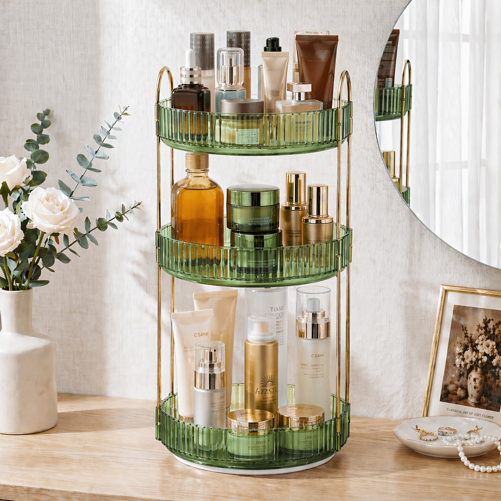 360° Swivel Makeup Organizer 3-Tier Countertop - Rotating Perfume & Cosmetic Organizer, Large Capacity Skincare Storage Rack for Bathroom Dresser Vanity