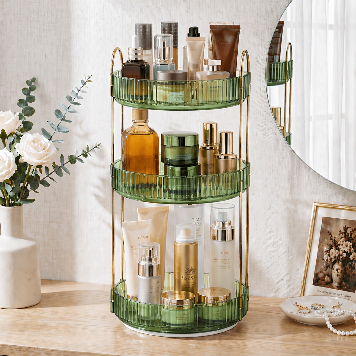 360° Swivel Makeup Organizer 3-Tier Countertop - Rotating Perfume & Cosmetic Organizer, Large Capacity Skincare Storage Rack for Bathroom Dresser Vanity