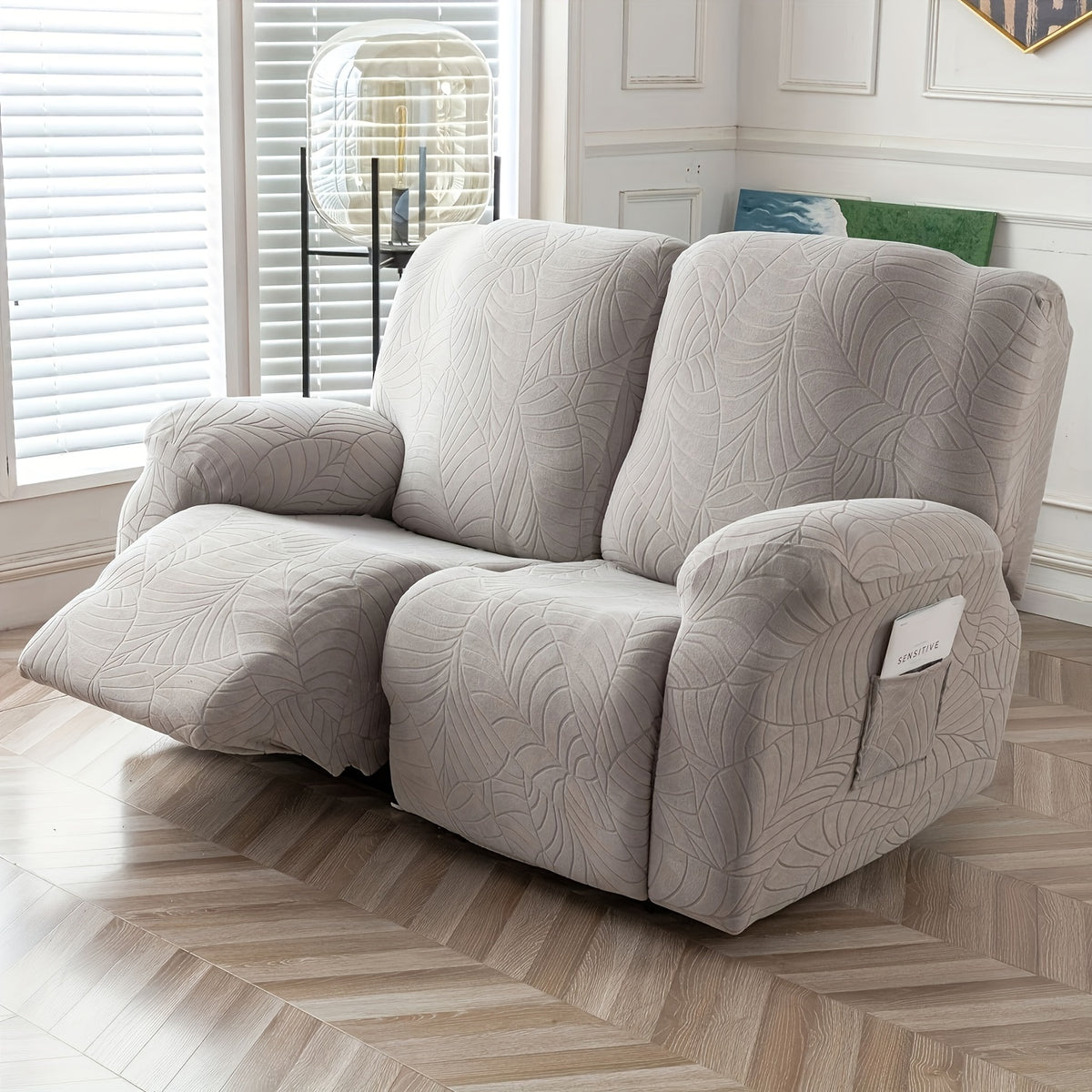 Jacquard Stretch Recliner Sofa Cover – Big Leaves Pattern, 1/2/3 Seater & Loveseat with Console, Winter Insulation Soft Washable, 6 Colors
