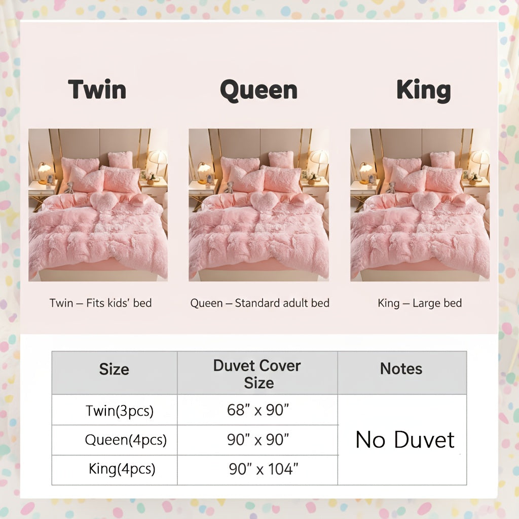 Plush Faux Fur Duvet Cover Set for Kids & Teens, 3/4 Pcs with Pillowcases & Heart Pillow, Super Soft Warm Faux Fur Comforter Cover, Machine Washable Lodge Style Bedding, Twin Queen King