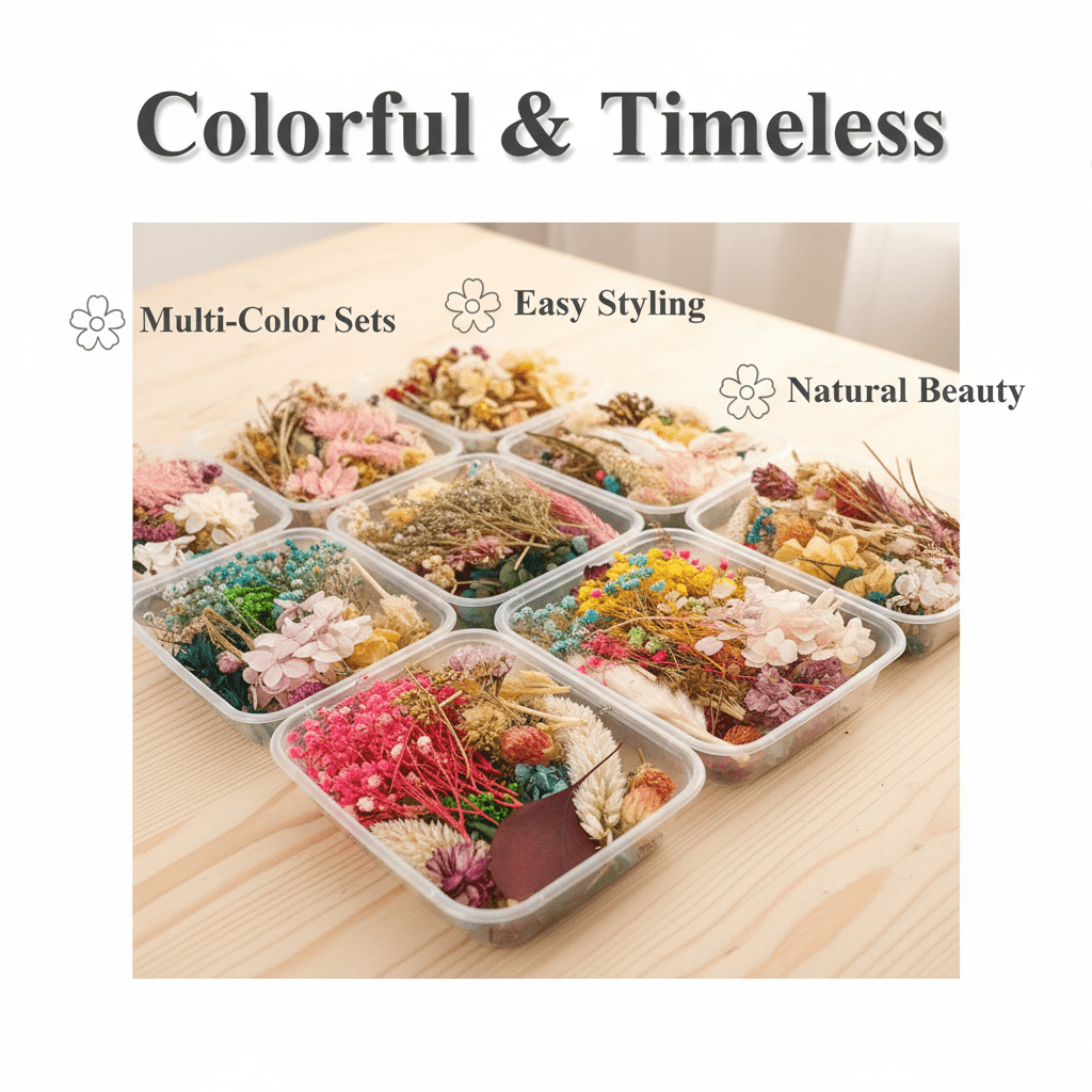 Dried Flower Set Assorted 4 Boxes – Mixed Variety Dried Botanicals for Home Decor, Gift Wrapping, Scrapbooking & Floral Arrangement Decoration Supplies