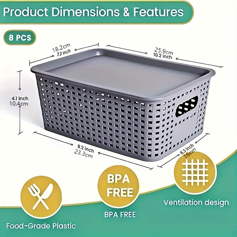 Plastic Storage Basket Set of 8 with Lids - Desktop & Shelf Organization Bins for Documents, Office, Home & Bedroom Storage, Multi-Functional Stackable Baskets - Grey, Black & White